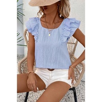 Beau Blue Textured Bow Knot Frilled Butterfly Sleeve Blouse - L thumbnail