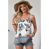 Blue Bohemian Fashion Print Spaghetti Straps Loose Tank - L thumbnail