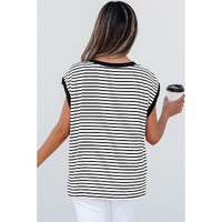 Black Stripe Sequined Lobster Patched Pocket Casual Tank Top - L thumbnail