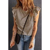 Khaki Striped Crew Neck Ruffled Tank Top - L thumbnail