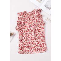 Red Floral Print Ruffled Mock Neck Sleeveless Top - S thumbnail