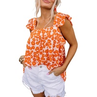 Azura Exchange Orange Floral Print Square Neck Ruffle Tank Top - L thumbnail