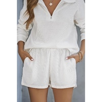 White Ribbed Zipper Sweatshirt and High Waist Shorts Set - L thumbnail