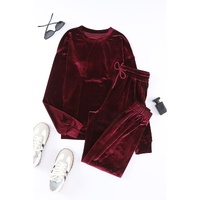 Fiery Red Solid Velvet Two Piece Lounge Set - XL thumbnail