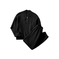 Black Plain Half Zip V Neck Ribbed Edge Loose Tracksuit - XL thumbnail