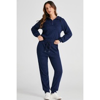 Navy Blue Ribbed Knit Cropped Hoodie and Drawstring Joggers Set - M thumbnail