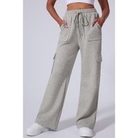 Light Grey Multi Pockets Lace-up High Waist Wide Leg Workout Pants - 2XL thumbnail