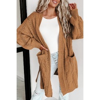 Azura Exchange Khaki Ribbed Trim Eyelet Cable Knit Cardigan - S thumbnail