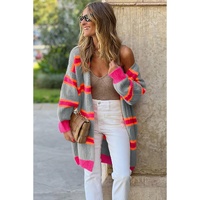 Medium Grey Stripe Printed Ribbed Long Knitted Cardigan - L thumbnail