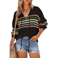 Black Striped Detail Zip Up Hooded Sweater Cardigan - 2XL thumbnail