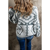Light Grey Geometric Pattern Ribbed Trim Button-Up Cardigan - L thumbnail