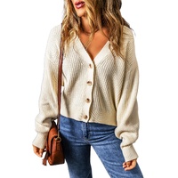 Beige Plain Knitted Buttoned V Neck Cardigan - XL thumbnail