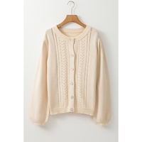 Apricot Pleated Sleeve Hollow Detail Button Sweater Cardigan - M thumbnail