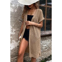 Camel Batwing Sleeve Pointelle Knit Open Front Cardigan - S thumbnail