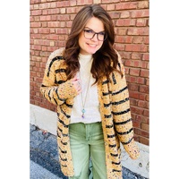 Beige Striped Pom Pom Knit Open Front Long Cardigan - L thumbnail