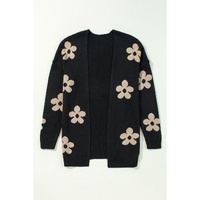 Black Floral Print Knitted Open Front Loose Cardigan - M thumbnail