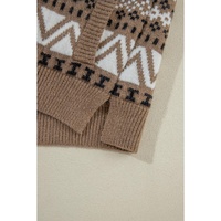 Brown Western Printed Ribbed Trim Collared Zip up Cardigan - L thumbnail