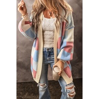 Light Blue Checkered Drop Shoulder Exposed Seam Open Front Cardigan - S thumbnail