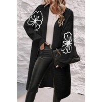 Black Flower Embroidered Drop Shoulder Open Front Duster Cardigan - 2XL thumbnail