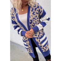 Dark Blue Stripe Sleeve Leopard Print Open Front Cardigan With Pockets - M thumbnail