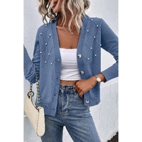 Myosotis Textured Knit Pearl Beaded Button Up Cardigan - L thumbnail