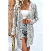 Gray Hollow Out Buttons Front Long Cardigan - L thumbnail