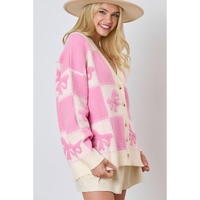 Pink Bowknot Checkered Pattern V Neck Drop Shoulder Button Up Cardigan - L thumbnail