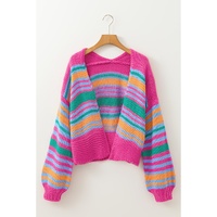 Rose Stripe Colorful Puff Sleeve Drop Shoulder Loose Cardigan - M thumbnail