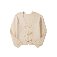 Jet Stream Bowknot Front Loose V Neck Knitted Cardigan - L thumbnail