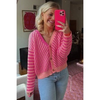 Pink Striped Buttoned V Neck Drop Shoulder Cardigan - L thumbnail