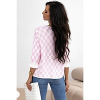 Light Pink Checkered Knitted Lace-up Ruffled 3/4 Sleeve Cardigan - XL thumbnail