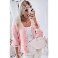 Pink Ribbed Knit Scalloped Edge Side Pockets Buttoned Cardigan - L thumbnail