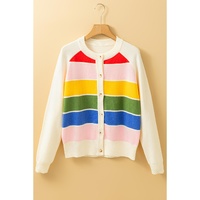 White Stripe Colorful Pattern Button Front Sweater Cardigan - L thumbnail