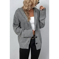 Medium Grey Drawstring Hooded Button Up Drop Shoulder Sweater Cardigan - S thumbnail