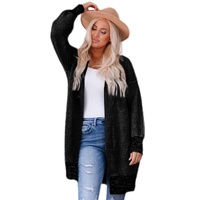 Black Plaid Knitted Long Open Front Cardigan - M thumbnail