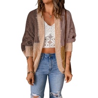 Brown Color Block Loose Open Front Knitted Cardigan - L thumbnail