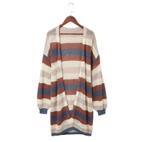 Blue Striped Color Block Hollowed Knit Cardigan - S thumbnail