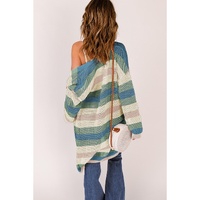 Green Striped Color Block Hollowed Knit Cardigan - M thumbnail