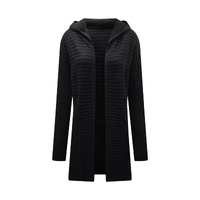 Black Horizontal Rib Knitted Open Front Hooded Cardigan - XL thumbnail