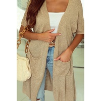 Khaki Dolman Half Sleeve Pocketed Long Cardigan - M thumbnail