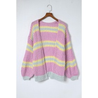Pink Contrast Striped Open Front Cable Cardigan - L thumbnail
