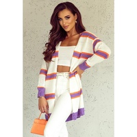 Azura Exchange Beige Striped Long Sleeve Ribbed Trim Button Cardigan - L thumbnail