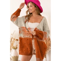 Azura Exchange Brown Pompom Color Block Open Front Cardigan - L thumbnail