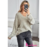 Khaki V neck Drop Shoulder Knitted Sweater - L thumbnail