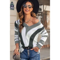 Gray Striped Colorblock V Neck Knitted Sweater - XS thumbnail