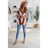Brown Striped Colorblock V Neck Knitted Sweater - S thumbnail