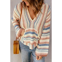 Multicolor Striped Knit Kangaroo Pocket Hooded Sweater - L thumbnail