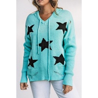 Green V Neck Star Pattern Hooded Sweater with Slits - L thumbnail