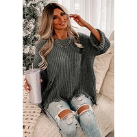 Gray Ripped Raw Hem Chunky Pullover Sweater - XL thumbnail