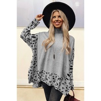 Gray Leopard High Neck Side Slit Oversized Sweater - S thumbnail